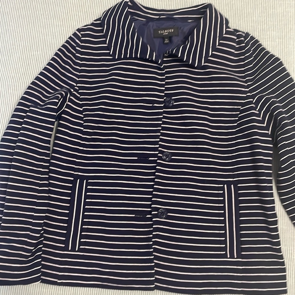 Talbots jacket size Large Petite, Navy Blue and White Stripe